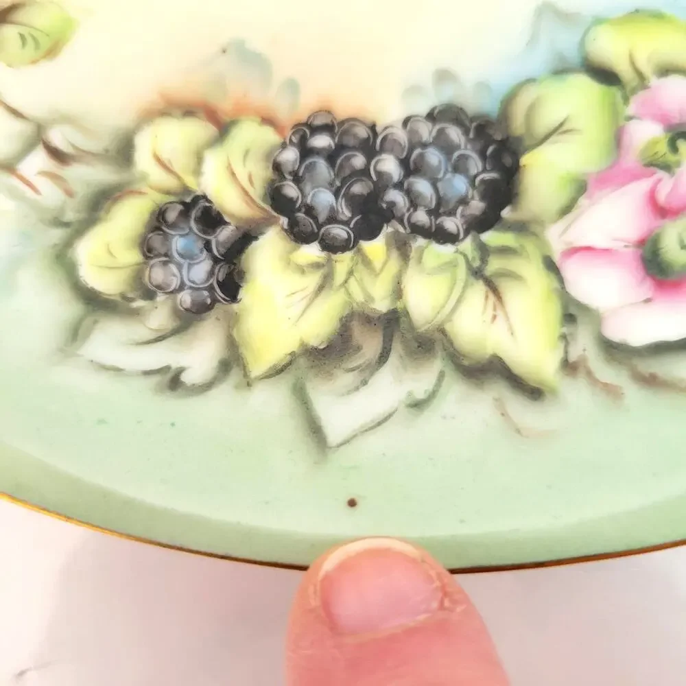 Vintage M Z Austria Painted Trinket Plate Black Berry Flowers Leaves Gold Accent